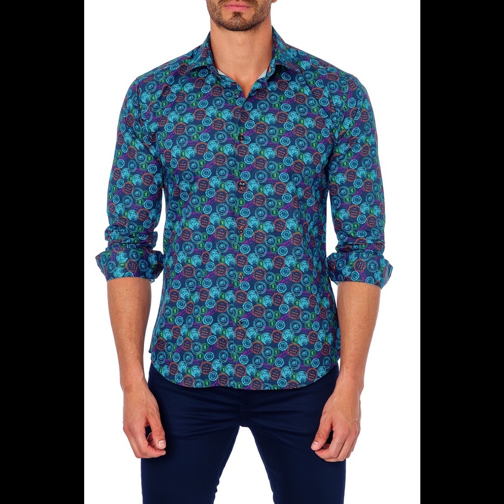 JARED LANG Stamp Print Trim Fit Shirt, Navy
